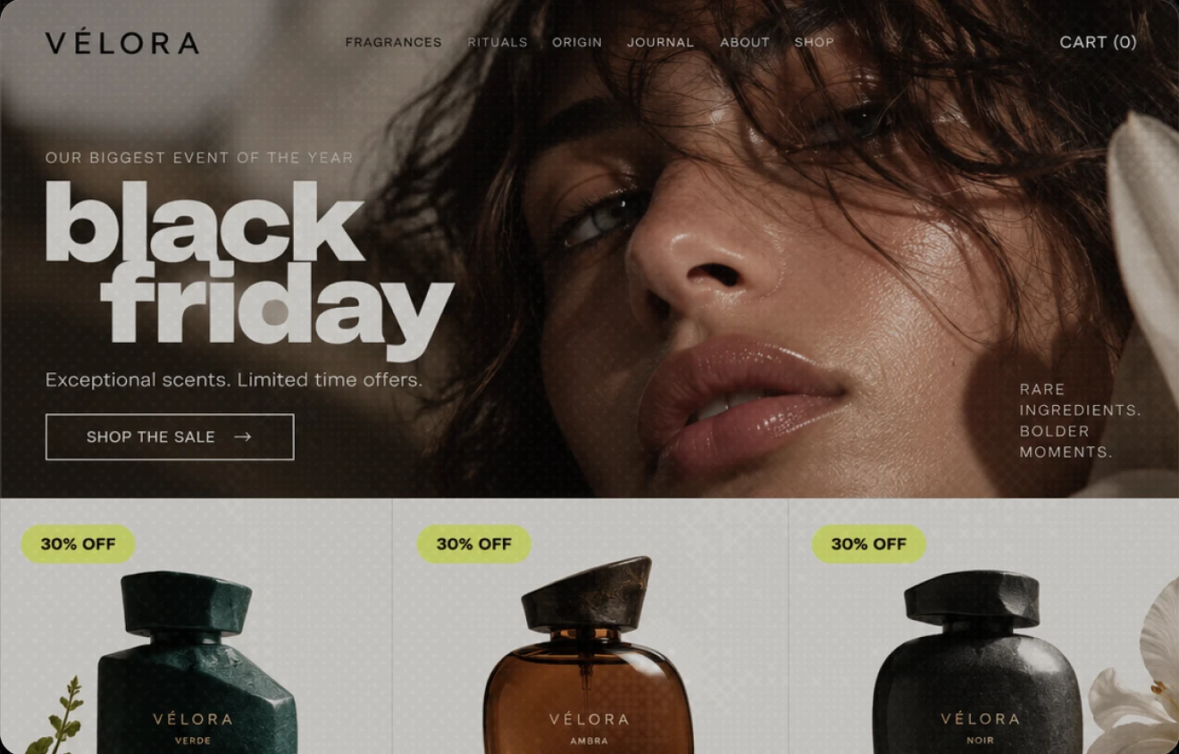 Vélora Black Friday store with a sale homepage and 30% off products